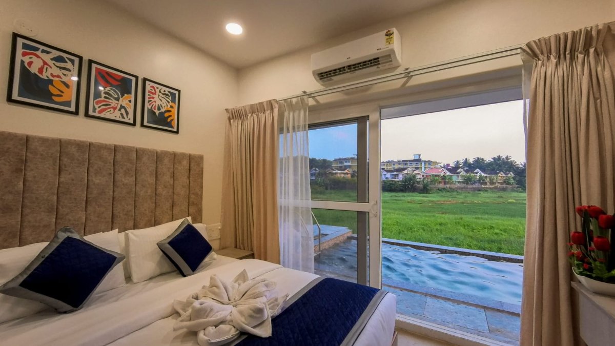 Master bedroom with pool and field view